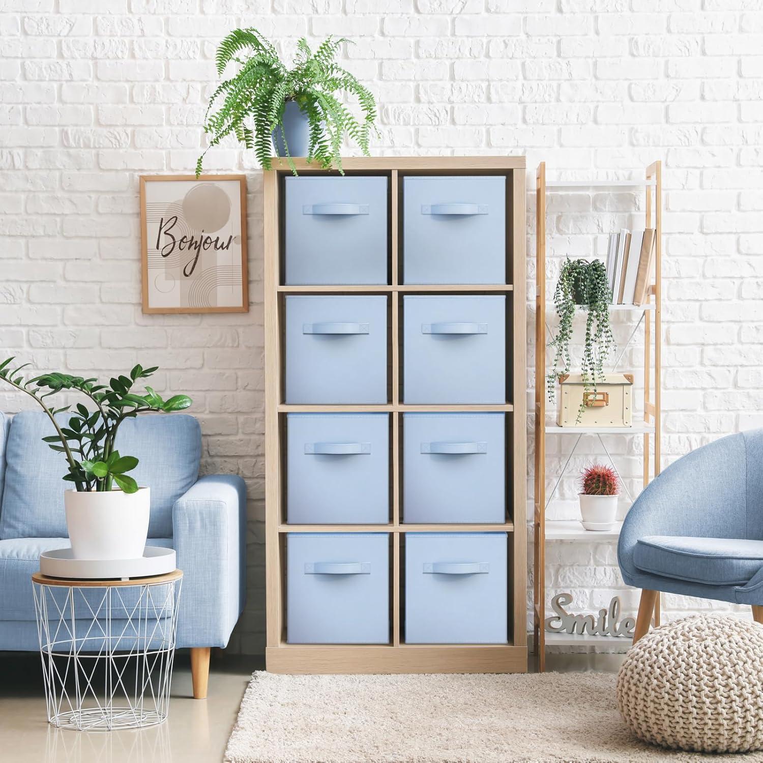 imageSorbus Fabric Storage Cubes 8 Foldable Storage Bins for Organizing Pantry Cubbies Toy Box Clothes Storage amp Closet Organizer 11 Inch Collapsible Cube Baskets for Shelves with HandlePastel Blue 8 Pack