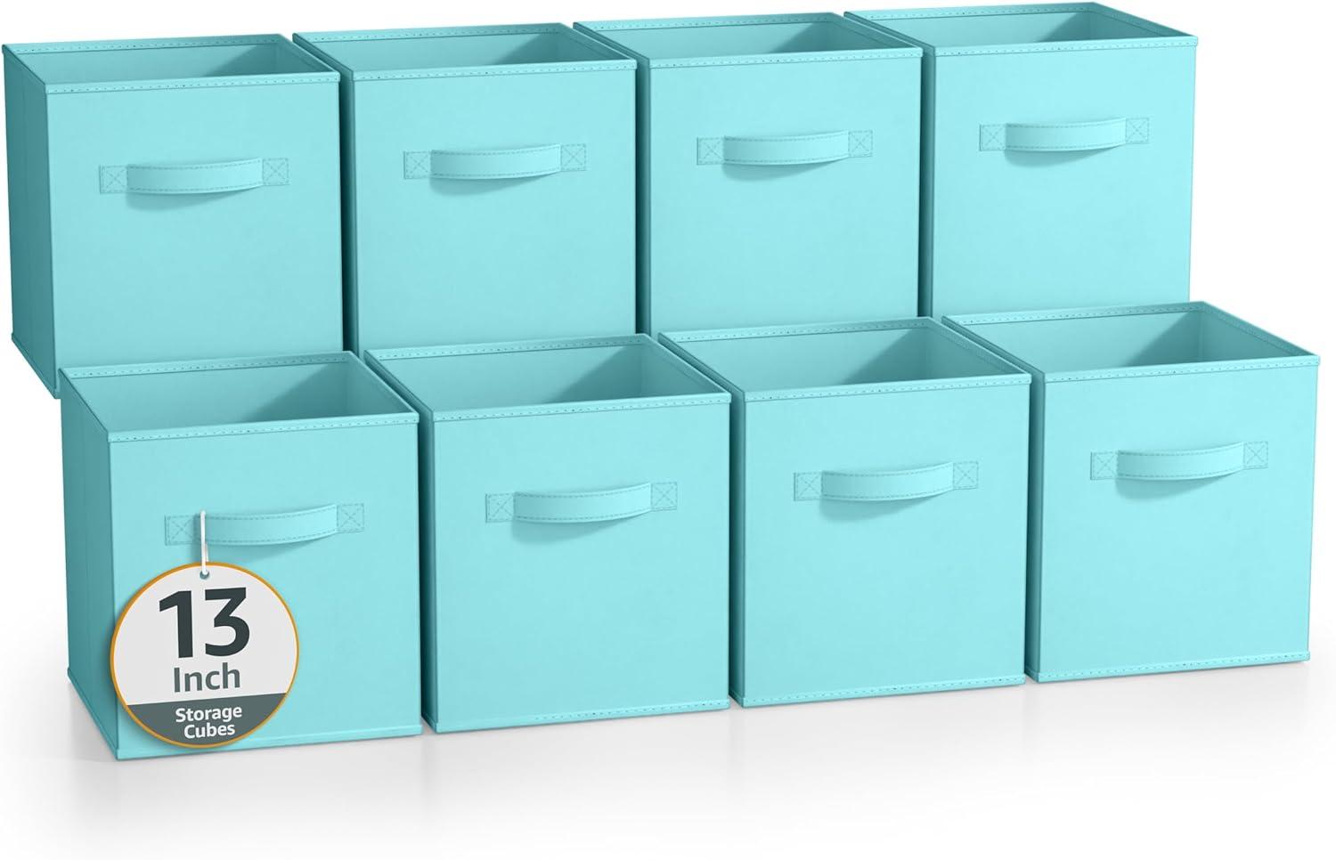 imageSorbus Fabric Storage Cubes 8 Foldable Storage Bins for Organizing Pantry Cubbies Toy Box Clothes Storage amp Closet Organizer 11 Inch Collapsible Cube Baskets for Shelves with HandleAqua 8 Pack