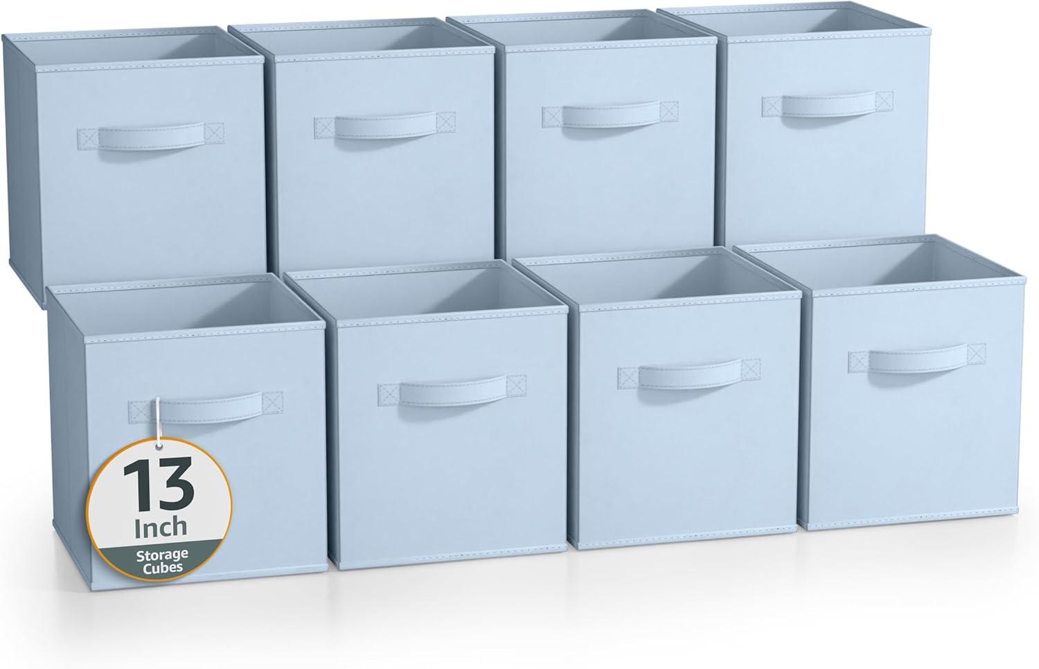 imageSorbus Fabric Storage Cubes 8 Foldable Storage Bins for Organizing Pantry Cubbies Toy Box Clothes Storage amp Closet Organizer 11 Inch Collapsible Cube Baskets for Shelves with HandlePastel Blue 8 Pack
