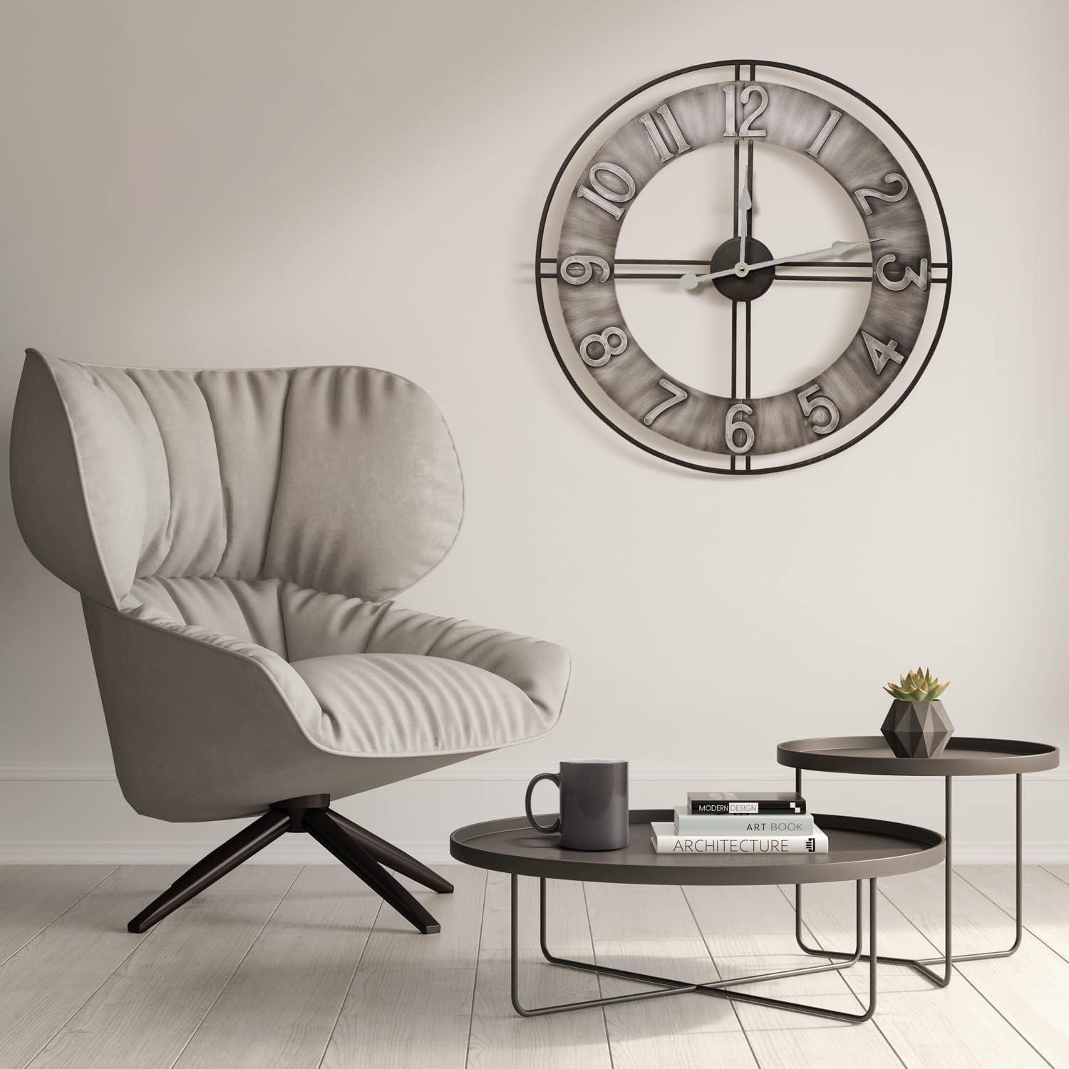 imageSorbus Large Wall Clock 24 Decorative for Kitchen Bedrooms Office Analog Modern Farmhouse Style Silent Round Chunky Number Home Decor Quartz Battery Operated Gray Metal