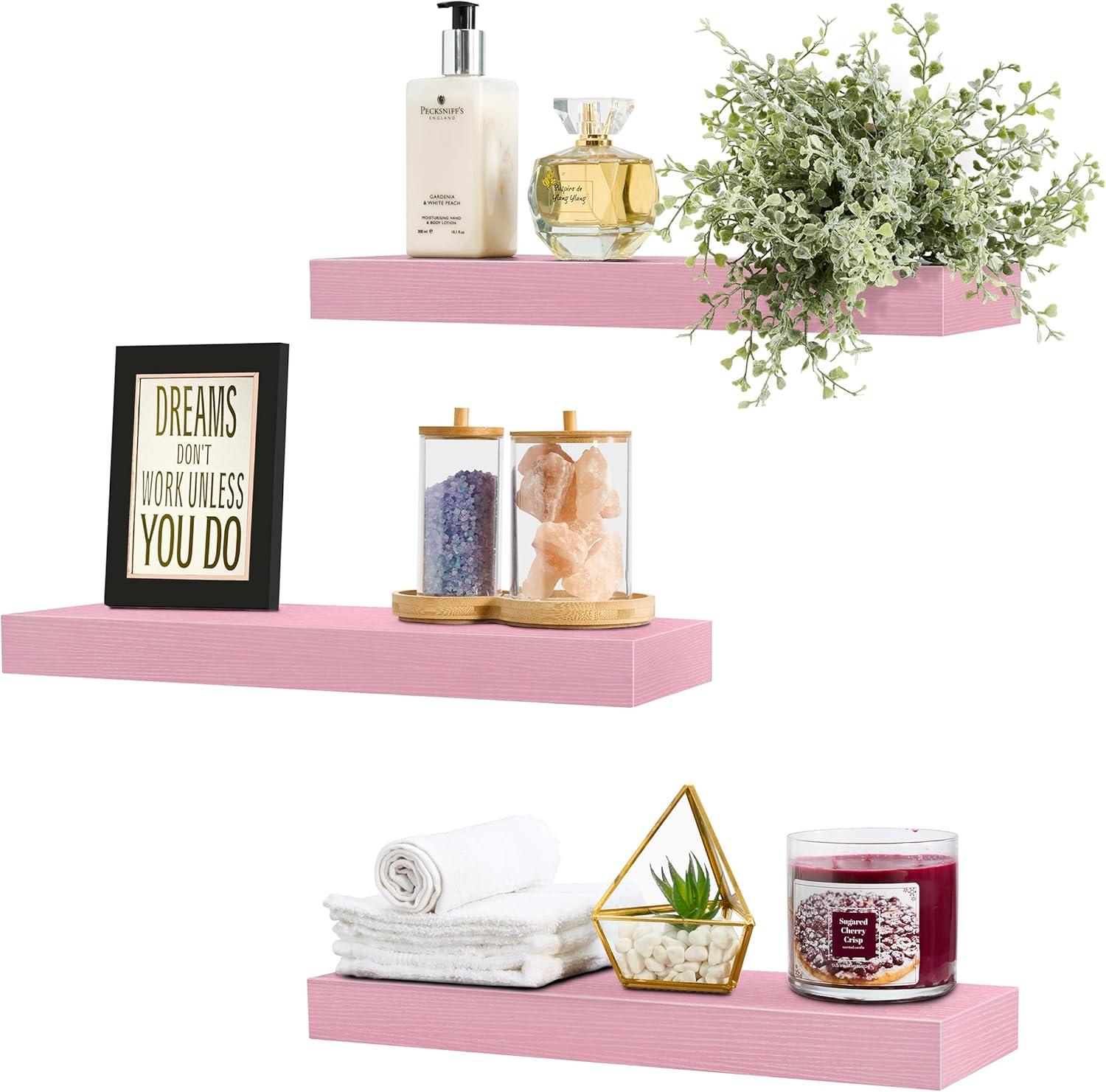 imageSorbus Floating Shelves for Wall 16 Inch Floating Shelf for Kitchen Bedroom Living Room Bathroom Home amp Wall Decor Mounted Bathroom Shelves with Invisible Brackets Breezy Blue 4 PackSoft Pink