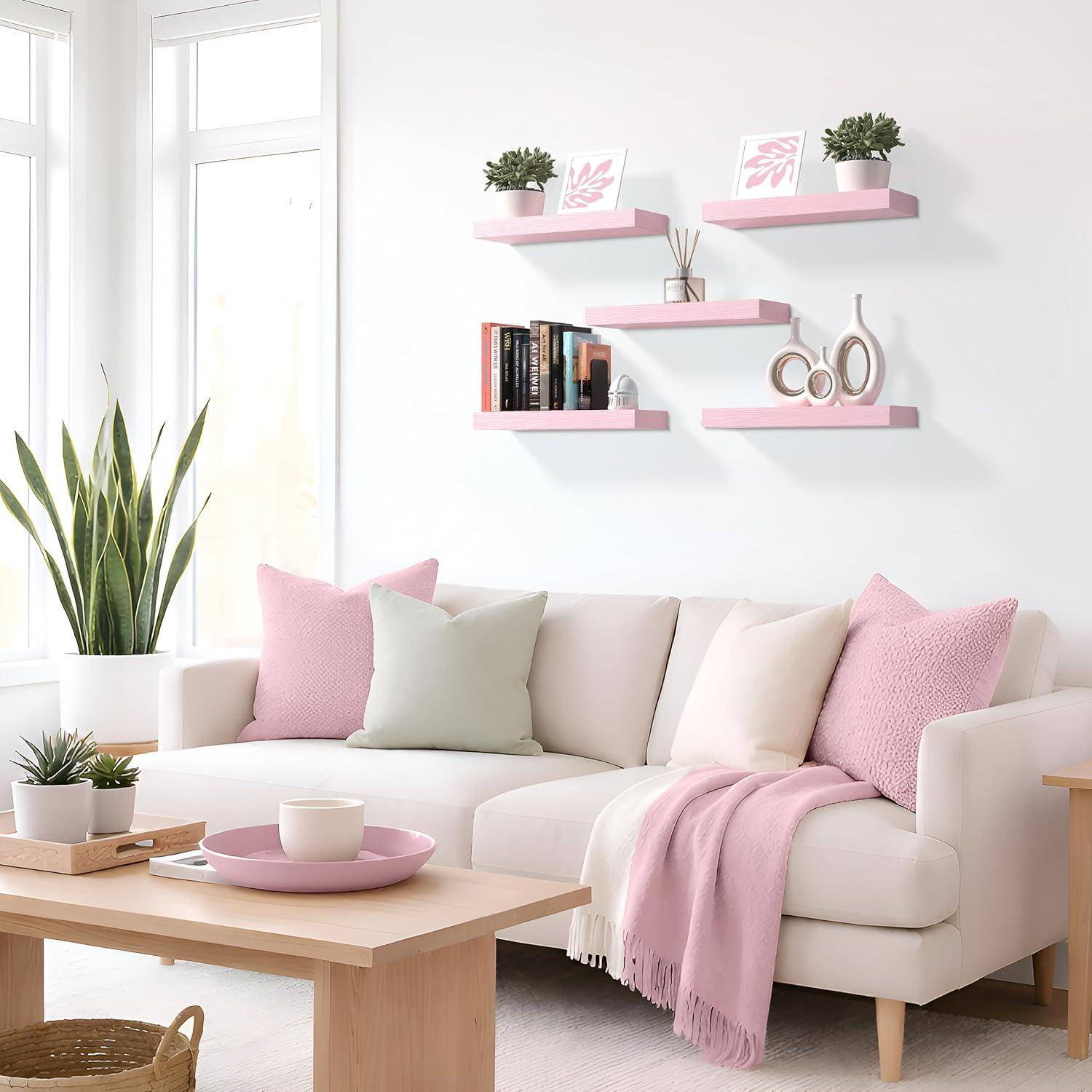 imageSorbus Floating Shelves for Wall 16 Inch Floating Shelf for Kitchen Bedroom Living Room Bathroom Home amp Wall Decor Mounted Bathroom Shelves with Invisible Brackets Breezy Blue 4 PackSoft Pink